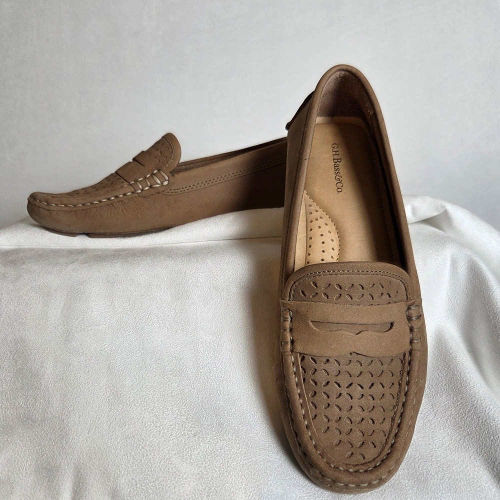 GH Bass Valorie Tan Leather Perforated Penny Driving Loafers Shoes Womens 7M